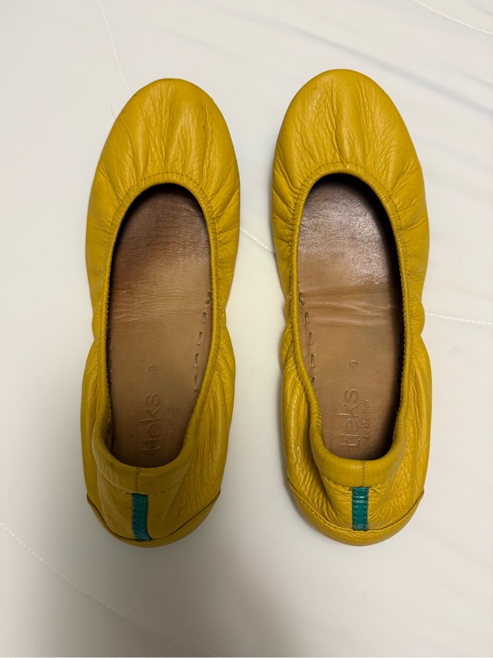 Tieks Yellow Leather Ballet Flats with Teal Heel Tab